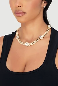 Womens Cubic Zirconia Heart Rhinestone Chain Necklace with Earrings, Gold