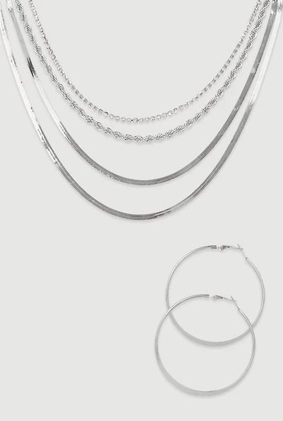 Womens Herringbone Layered Necklace and Hoop Earrings Set, Silver