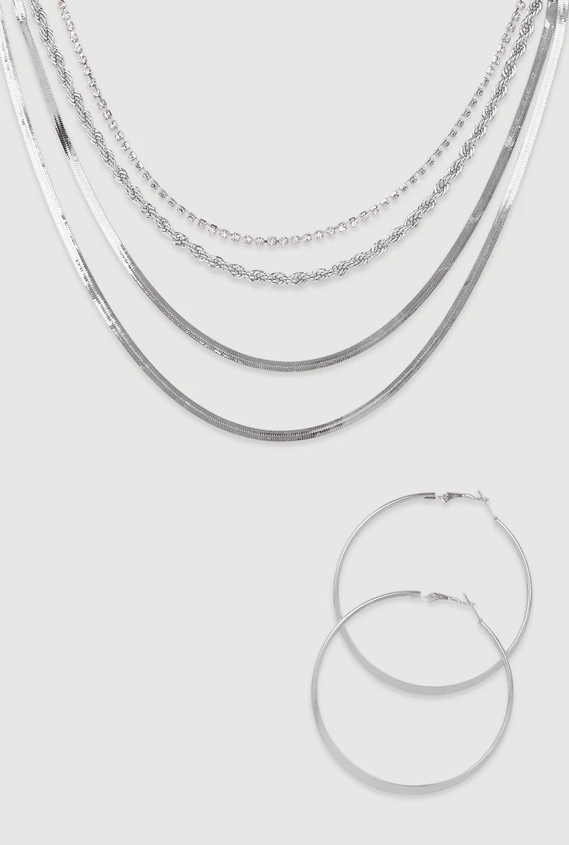 Herringbone Layered Necklace and Hoop Earrings Set