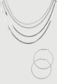 Herringbone Layered Necklace and Hoop Earrings Set