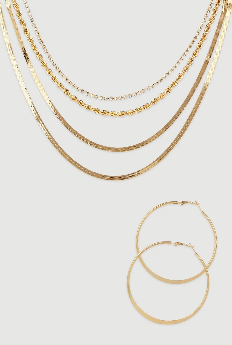 Womens Herringbone Layered Necklace and Hoop Earrings Set, Gold