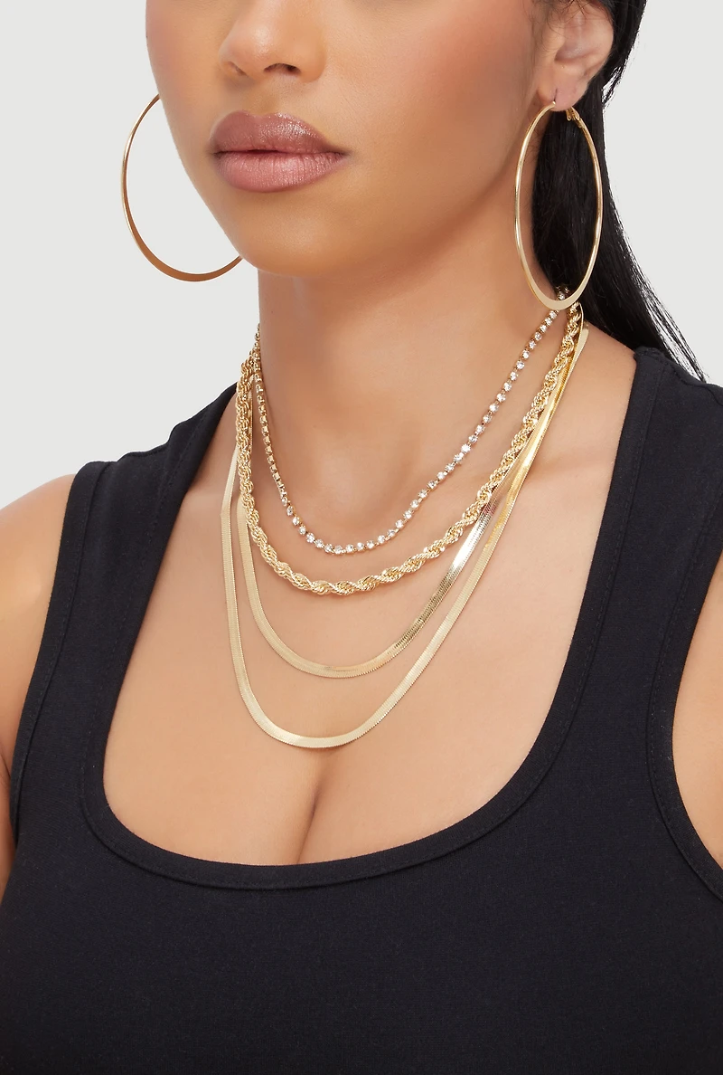 Womens Herringbone Layered Necklace and Hoop Earrings Set, Gold
