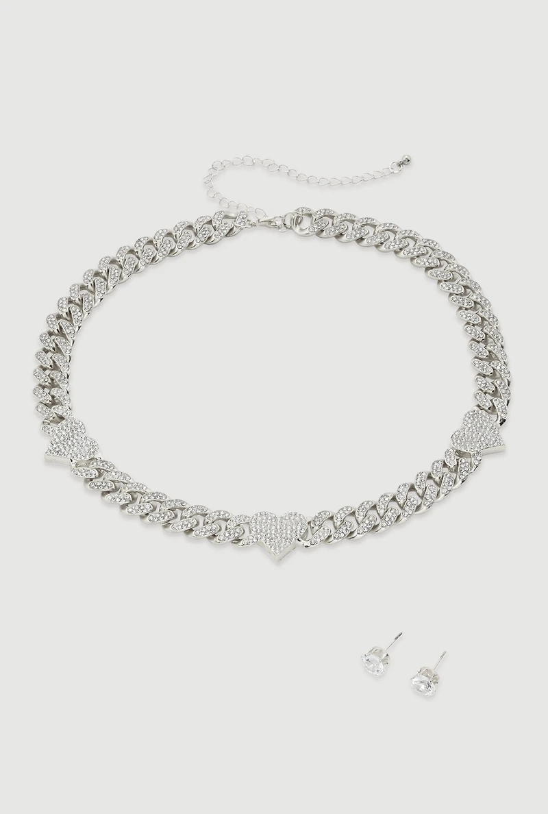 Womens Cubic Zirconia Heart Chain Choker and Stud Earrings, Silver