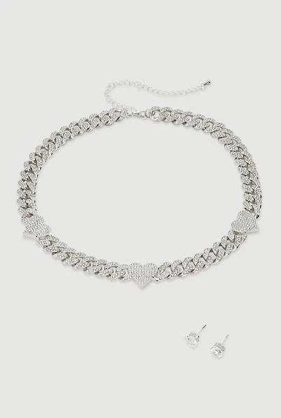Womens Cubic Zirconia Heart Chain Choker and Stud Earrings, Silver