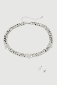 Womens Cubic Zirconia Heart Chain Choker and Stud Earrings, Silver
