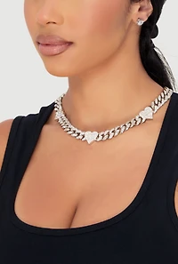 Womens Cubic Zirconia Heart Chain Choker and Stud Earrings, Silver