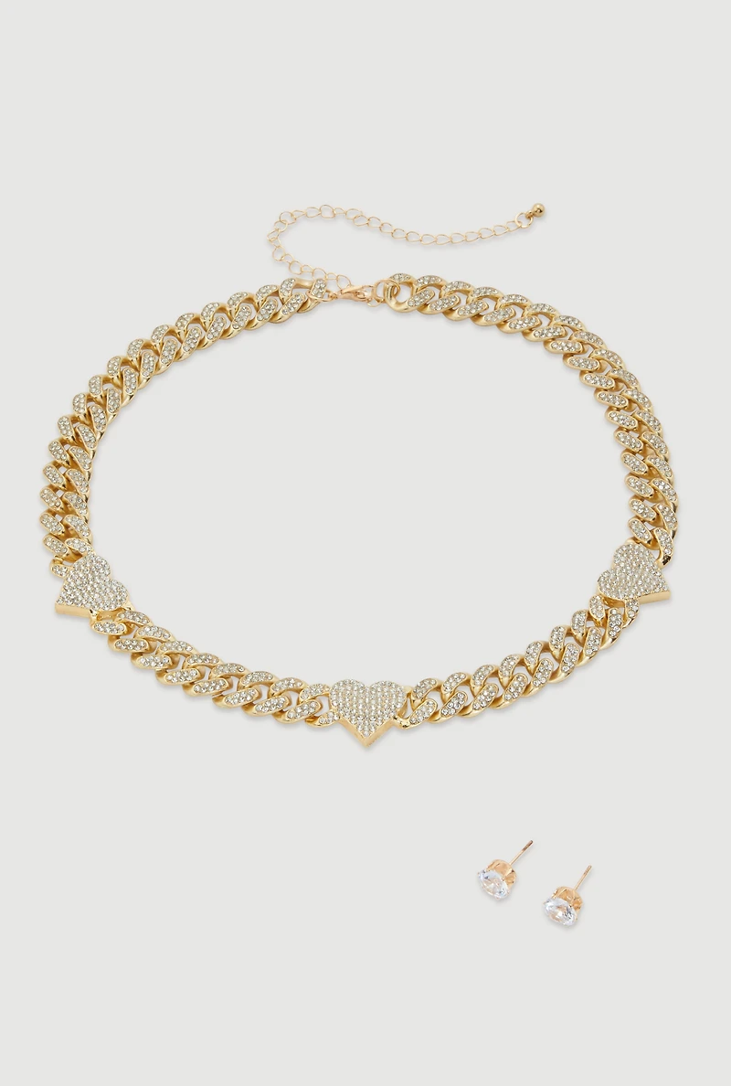 Cubic Zirconia Heart Chain Choker and Stud Earrings