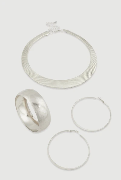 Womens Metallic Statement Necklace with Hoop Earrings and Bangle Set, Silver