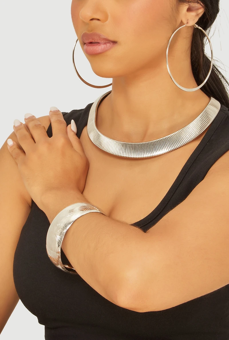 Metallic Statement Necklace with Hoop Earrings and Bangle Set