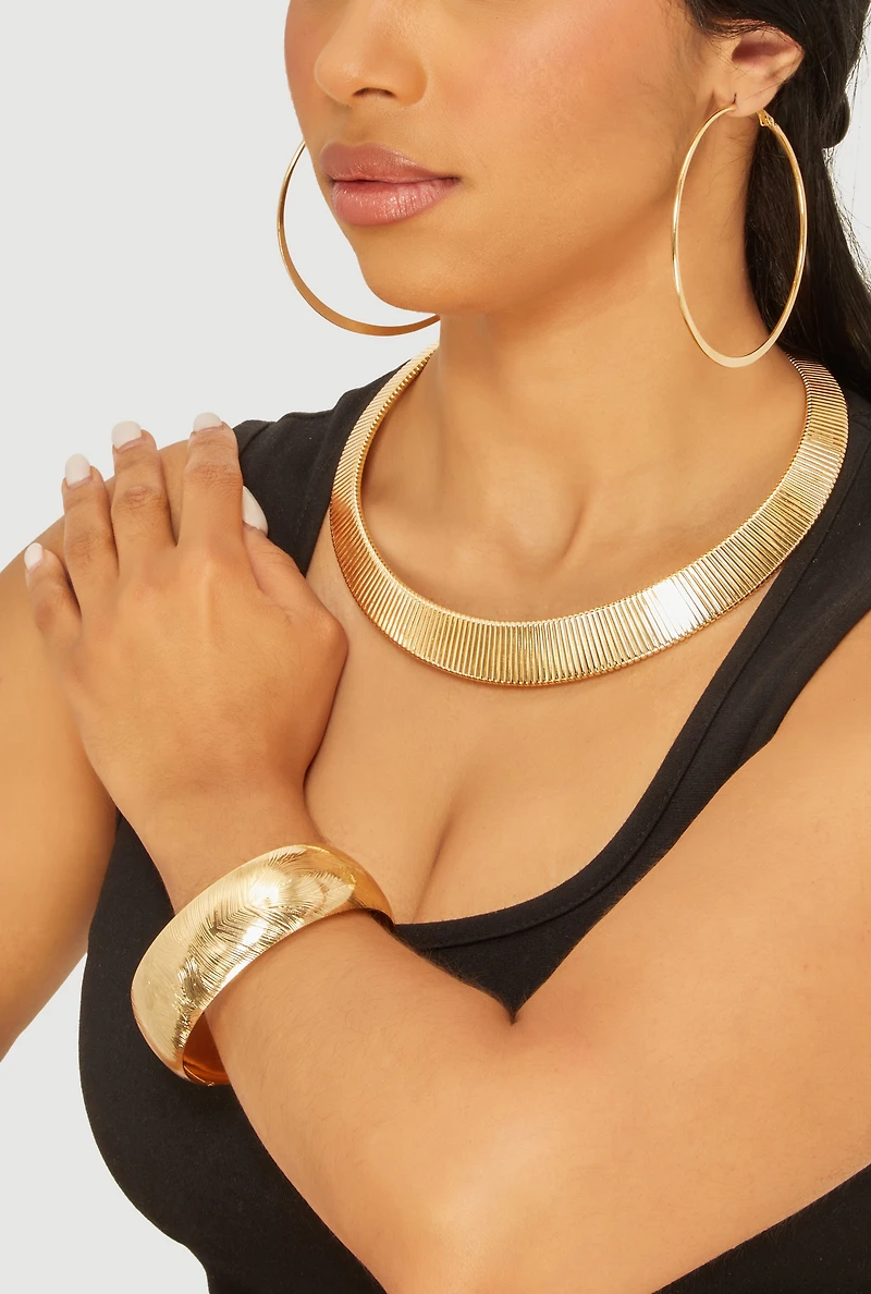 Metallic Statement Necklace with Hoop Earrings and Bangle Set