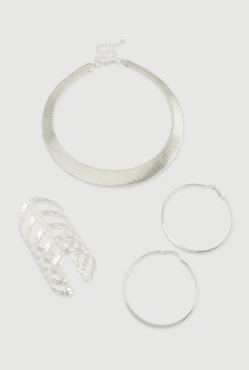 Trendy Metallic Hoop Earrings and Chocker with Cuff Bracelet 3-Piece Set