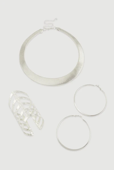 Trendy Metallic Hoop Earrings and Chocker with Cuff Bracelet 3-Piece Set