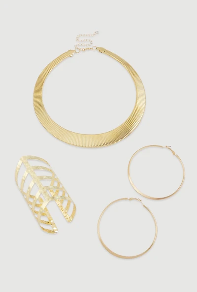 Womens Trendy Metallic Hoop Earrings and Chocker with Cuff Bracelet 3-Piece Set, Gold