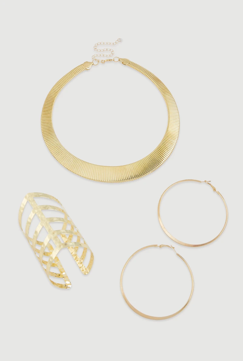 Womens Trendy Metallic Hoop Earrings and Chocker with Cuff Bracelet 3-Piece Set, Gold