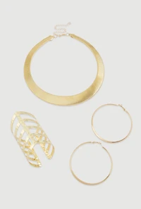 Womens Trendy Metallic Hoop Earrings and Chocker with Cuff Bracelet 3-Piece Set, Gold