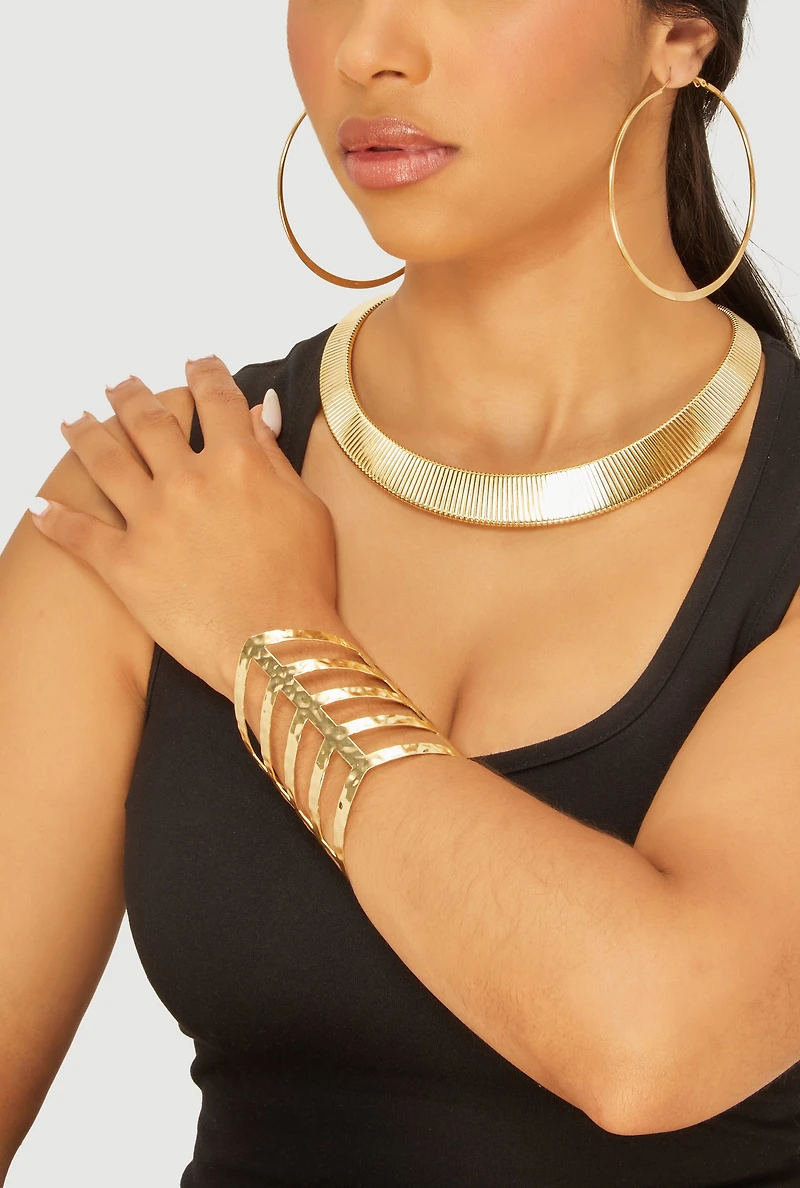Womens Trendy Metallic Hoop Earrings and Chocker with Cuff Bracelet 3-Piece Set, Gold