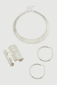 Metallic Hoop Earrings and Choker Necklace with Cuff Bracelet 3 Piece Set