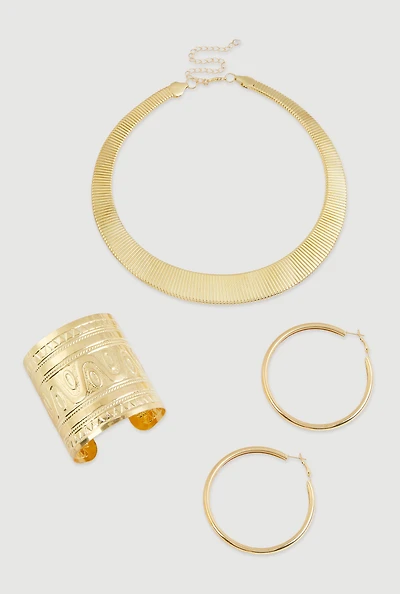 Womens Metallic Hoop Earrings and Choker Necklace with Cuff Bracelet 3 Piece Set, Gold