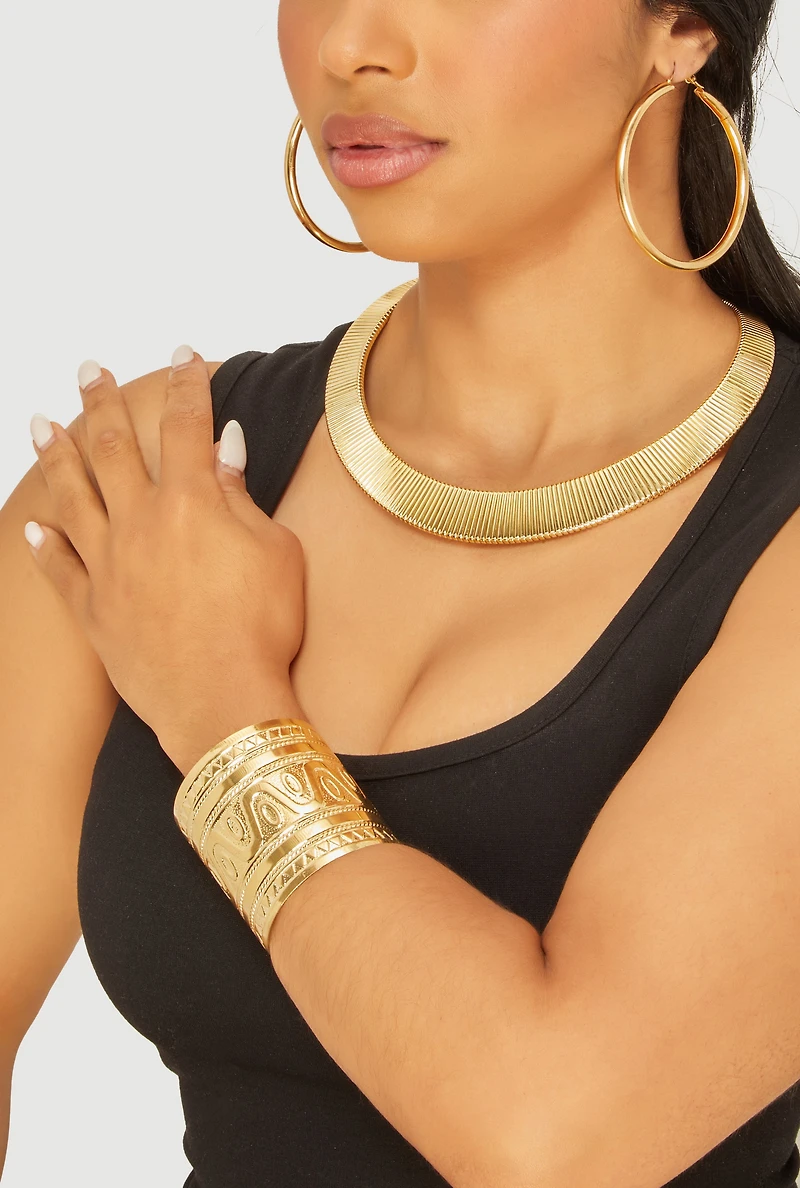 Womens Metallic Hoop Earrings and Choker Necklace with Cuff Bracelet 3 Piece Set, Gold