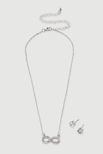 Cubic Zirconia Infinity Necklace and Stud Earrings Set