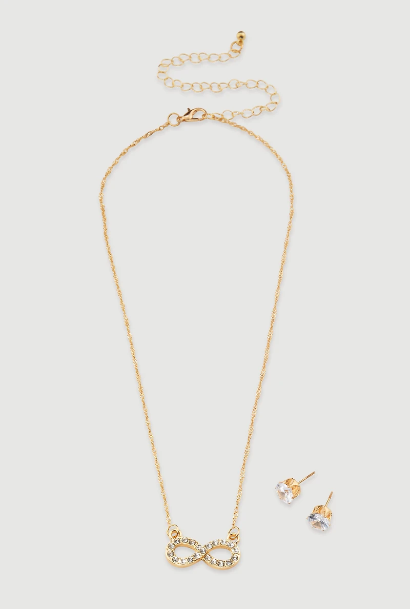 Womens Cubic Zirconia Infinity Necklace and Stud Earrings Set, Gold