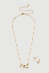 Womens Cubic Zirconia Infinity Necklace and Stud Earrings Set, Gold