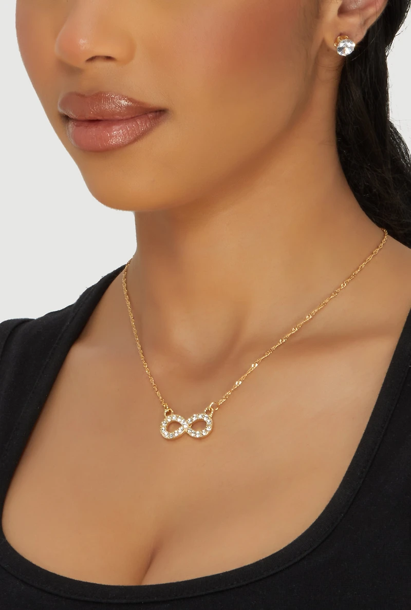 Womens Cubic Zirconia Infinity Necklace and Stud Earrings Set, Gold