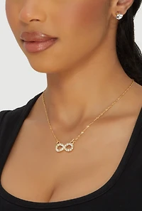 Womens Cubic Zirconia Infinity Necklace and Stud Earrings Set, Gold