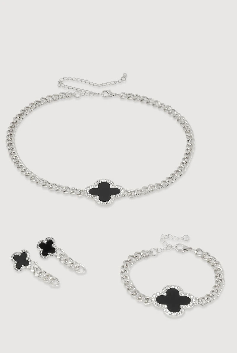 Womens Clover Charm Chain Necklace with Bracelet and Earrings, Gold