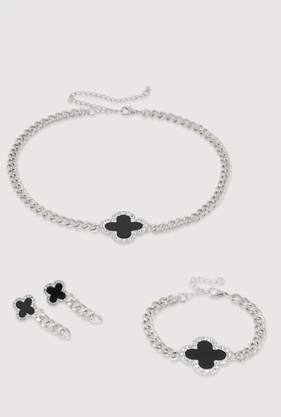 Womens Clover Charm Chain Necklace with Bracelet and Earrings, Gold