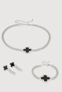 Womens Clover Charm Chain Necklace with Bracelet and Earrings, Gold