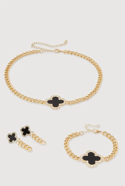 Womens Clover Charm Chain Necklace with Bracelet and Earrings, Gold
