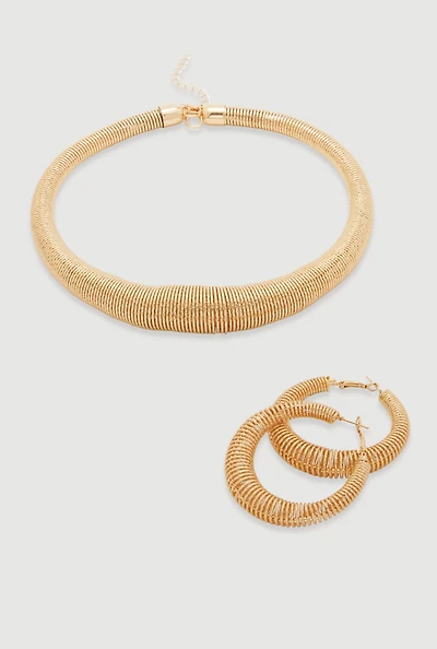 Womens Metallic Coil Choker and Hoop Earrings,