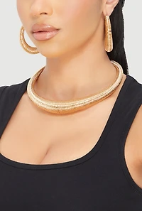 Womens Metallic Coil Choker and Hoop Earrings,