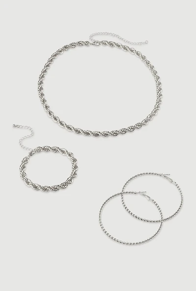 Womens Twisted Rope Chain Necklace and Bracelet with Hoop Earrings, Silver