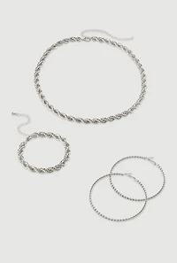 Womens Twisted Rope Chain Necklace and Bracelet with Hoop Earrings, Silver