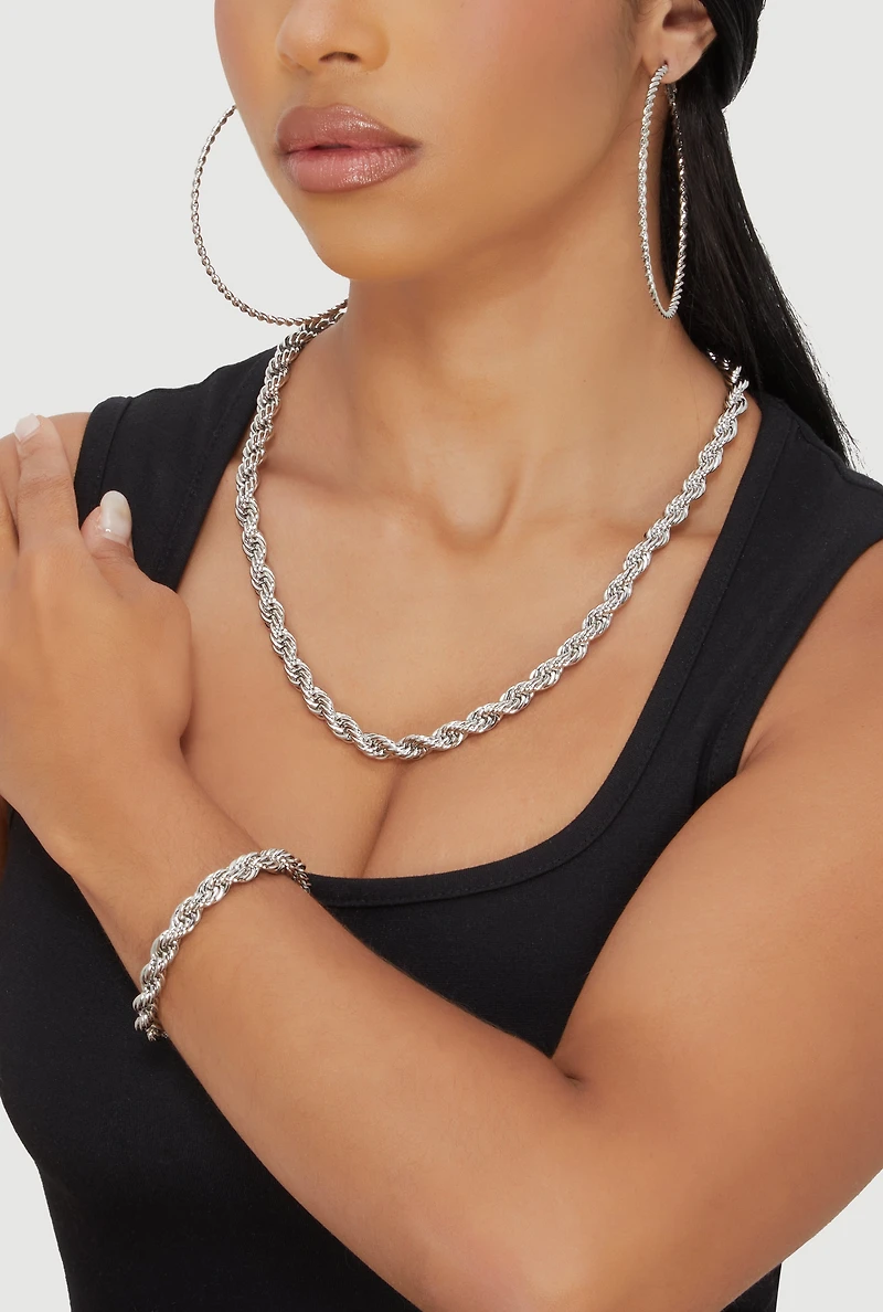 Womens Twisted Rope Chain Necklace and Bracelet with Hoop Earrings, Silver