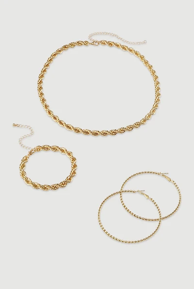 Womens Twisted Rope Chain Necklace and Bracelet with Hoop Earrings,
