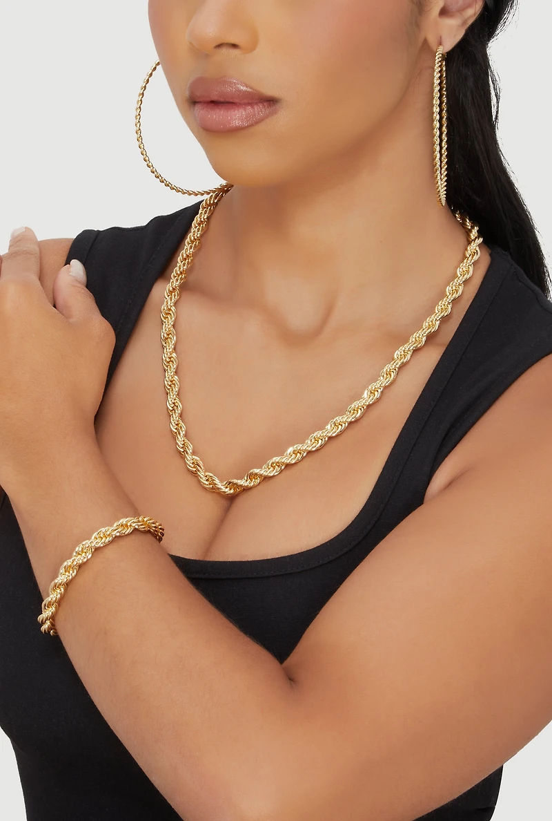 Womens Twisted Rope Chain Necklace and Bracelet with Hoop Earrings, Gold