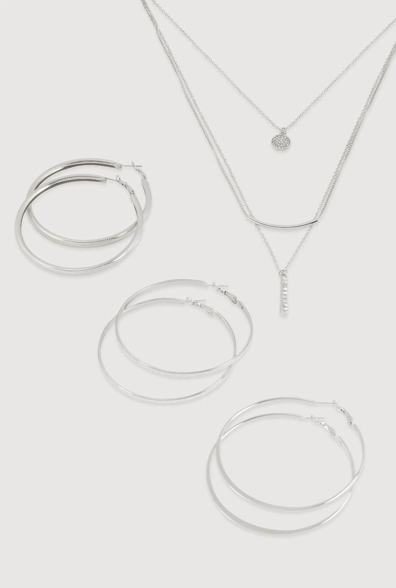 Womens Bar Pendant Layered Necklace with Hoop Earring Trio, Silver