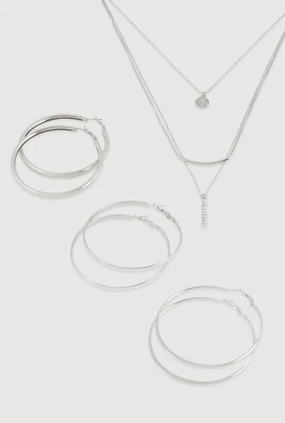 Womens Bar Pendant Layered Necklace with Hoop Earring Trio, Silver