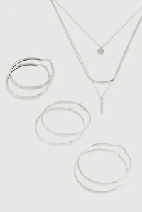 Womens Bar Pendant Layered Necklace with Hoop Earring Trio, Silver