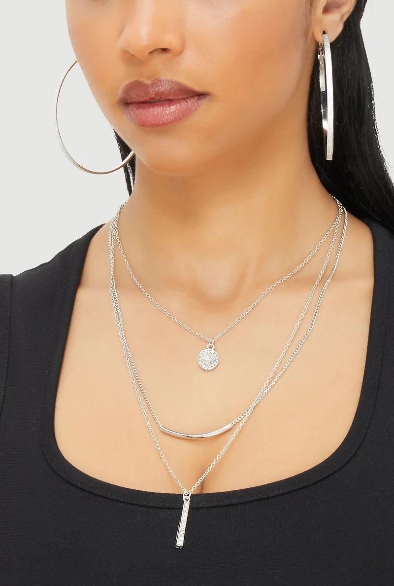 Womens Bar Pendant Layered Necklace with Hoop Earring Trio, Silver