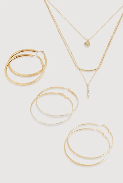 Womens Bar Pendant Layered Necklace with Hoop Earring Trio,