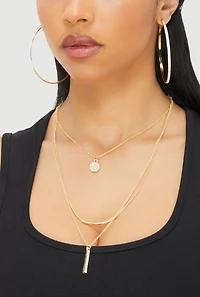 Womens Bar Pendant Layered Necklace with Hoop Earring Trio,