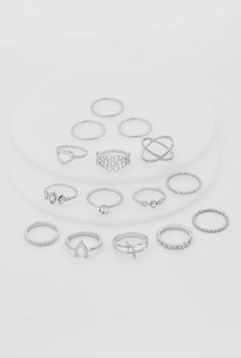 Womens Assorted Metallic Cubic Zirconia Rings Set of 15, Silver