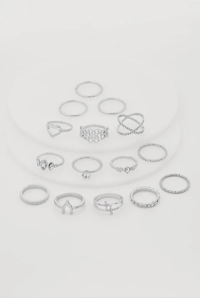 Womens Assorted Metallic Cubic Zirconia Rings Set of 15, Silver