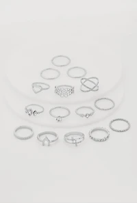 Womens Assorted Metallic Cubic Zirconia Rings Set of 15, Silver