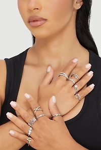 Womens Assorted Metallic Cubic Zirconia Rings Set of 15, Silver