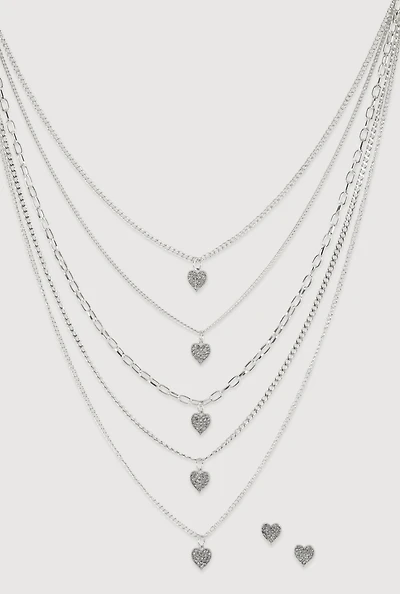 Heart Charm Layered Chain Necklace and Earrings